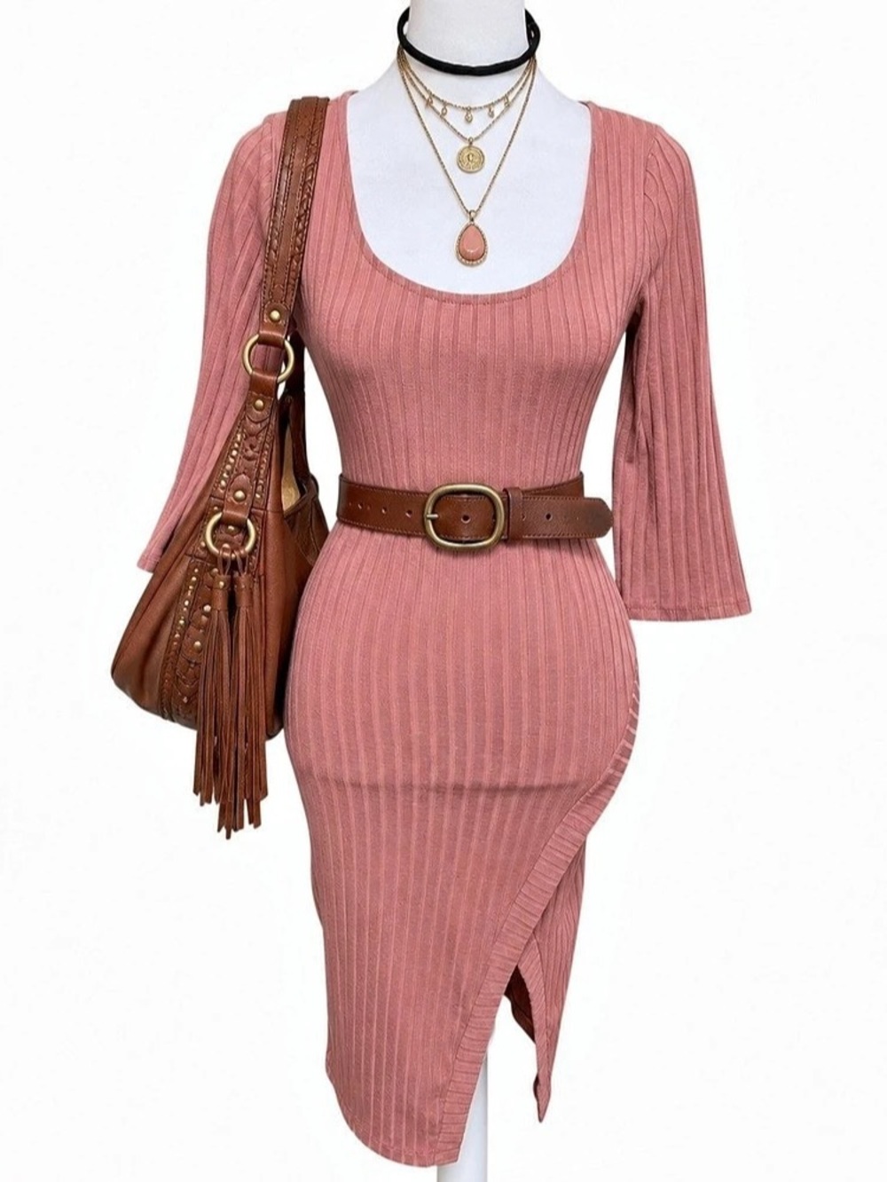 Charlotte Russe Size S Ribbed Bodycon Midi Dress Scoop Neck 3/4 Sleeve